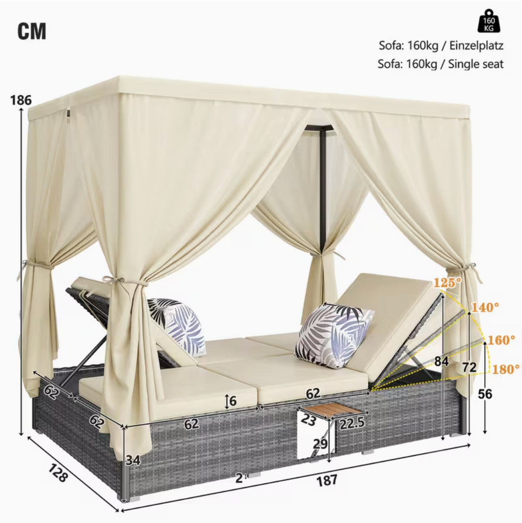 Lit de jardin double avec toile et tablettes - Luxe Outdoor