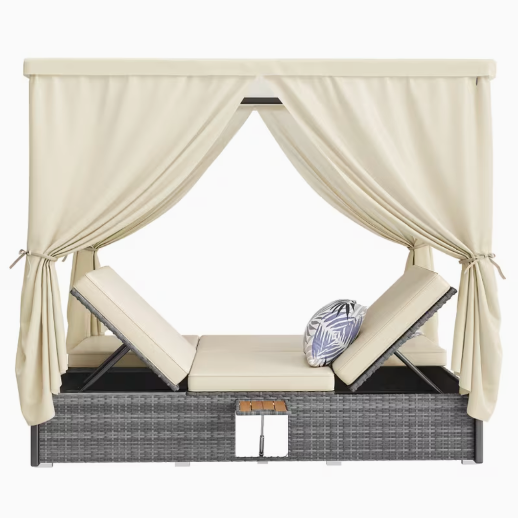 Lit de jardin double avec toile et tablettes - Luxe Outdoor