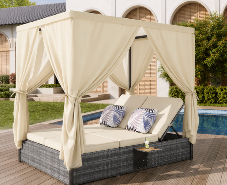 Lit de jardin double avec toile et tablettes - Casa