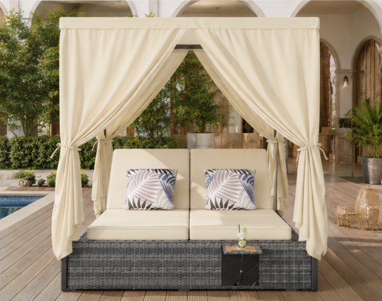 Lit de jardin double avec toile et tablettes - Luxe Outdoor