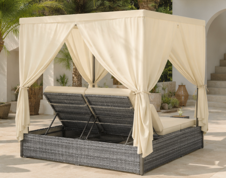 Lit de jardin double avec toile et tablettes - Luxe Outdoor